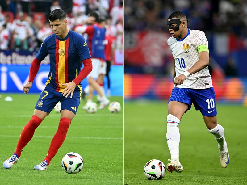 This combination of pictures created on July 7, 2024 shows Spain's forward #07 Alvaro Morata (L) ahead of the UEFA Euro 2024 round of 16 football match between Spain and Georgia at the Cologne Stadium in Cologne on June 30, 2024; and France's forward #10 Kylian Mbappe during the UEFA Euro 2024 quarter-final football match between Portugal and France at the Volksparkstadion in Hamburg on July 5, 2024.